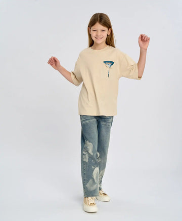 Детски прави дънки за момиче светлосини с цветя Button Blue