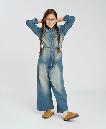 Гащеризон с копчета за момиче светлосин с широки панталони Button Blue