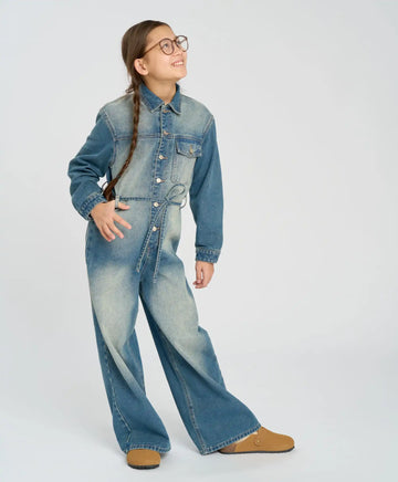 Гащеризон с копчета за момиче светлосин с широки панталони Button Blue