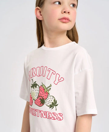 Тениска с къс ръкав за момиче бяла оверсайз с принт Button Blue