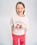 Тениска с къс ръкав за момиче бяла оверсайз с принт Button Blue