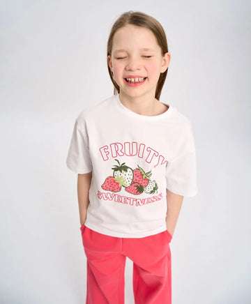 Тениска с къс ръкав за момиче бяла оверсайз с принт Button Blue