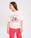 Тениска с къс ръкав за момиче бяла оверсайз с принт Button Blue