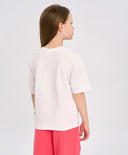 Тениска с къс ръкав за момиче бяла оверсайз с принт Button Blue