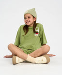 Кроп топ тениска за момиче зелена оверсайз с принт Button Blue