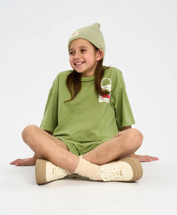 Кроп топ тениска за момиче зелена оверсайз с принт Button Blue