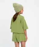 Кроп топ тениска за момиче зелена оверсайз с принт Button Blue