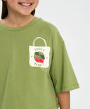 Кроп топ тениска за момиче зелена оверсайз с принт Button Blue