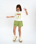 Тениска с къс ръкав за момиче бяла оверсайз с принт Button Blue