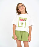 Тениска с къс ръкав за момиче бяла оверсайз с принт Button Blue