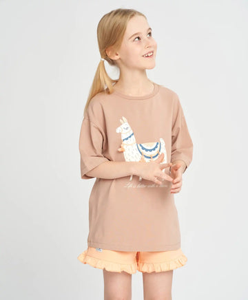 Тениска за момиче бежова с къс ръкав и принт лама Button Blue