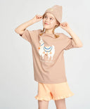 Тениска за момиче бежова с къс ръкав и принт лама Button Blue