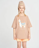 Тениска за момиче бежова с къс ръкав и принт лама Button Blue