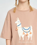 Тениска за момиче бежова с къс ръкав и принт лама Button Blue