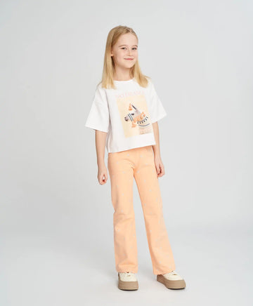 Кроп топ тениска за момиче бяла с къс ръкав и принт Button Blue