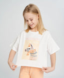 Кроп топ тениска за момиче бяла с къс ръкав и принт Button Blue