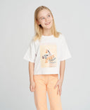 Кроп топ тениска за момиче бяла с къс ръкав и принт Button Blue