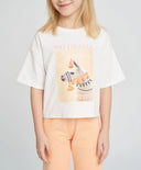 Кроп топ тениска за момиче бяла с къс ръкав и принт Button Blue