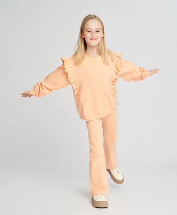 Суитшърт за момиче оверсайз оранжев с къдрици и принт Button Blue