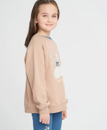 Суитшърт за момиче оверсайз бежов с принт "Гъски" Button Blue