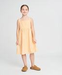 Ленен сарафан с тънки презрамки за момиче оранжев с панделка Button Blue