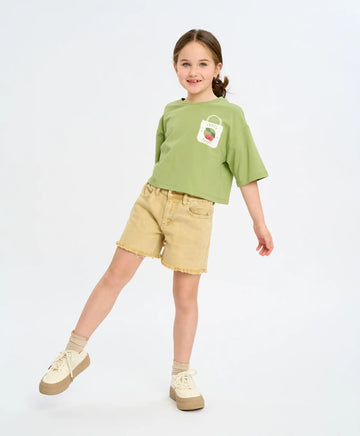 Дънкови шорти за момиче млечнобели с ластичен колан и ресни Button Blue