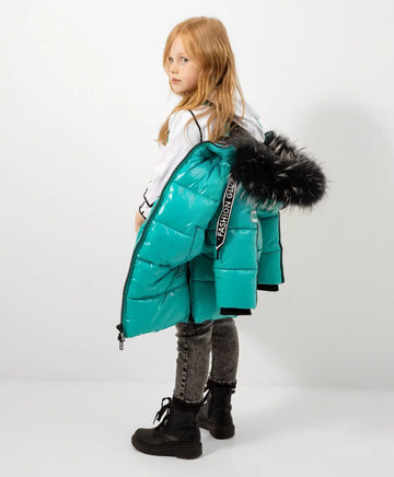 Зимно палто от лъскав дъждобран с цип отстрани тюркоазен Gulliver