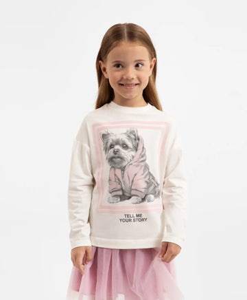 Лонгслив с голяма декорация кремав за момиче Gulliver