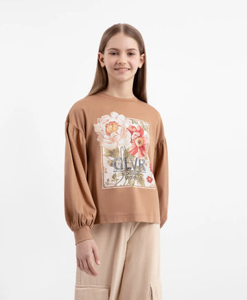 Трикотажен лонгслив с обемни ръкави и принт кафяв за момиче Gulliver