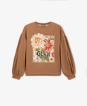 Трикотажен лонгслив с обемни ръкави и принт кафяв за момиче Gulliver