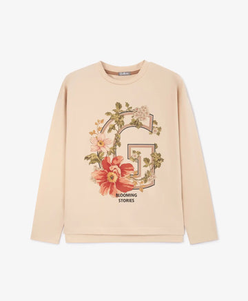 Трикотажен лонгслив с принт бежов за момиче Gulliver