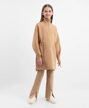 Трикотажна рокля с дълъг ръкав и яка с цип кафява за момиче Gulliver