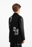 Черно сако с права свободна кройка и ръкави от еко кожа от Gulliver