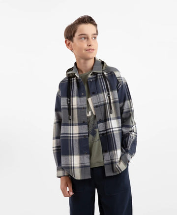 Фланелена риза оверсайз с дълъг ръкав и качулка от плат на каре за момче Gulliver