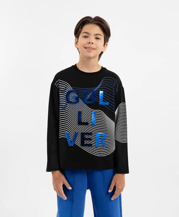 Трикотажен лонгслив с принт черен за момче Gulliver