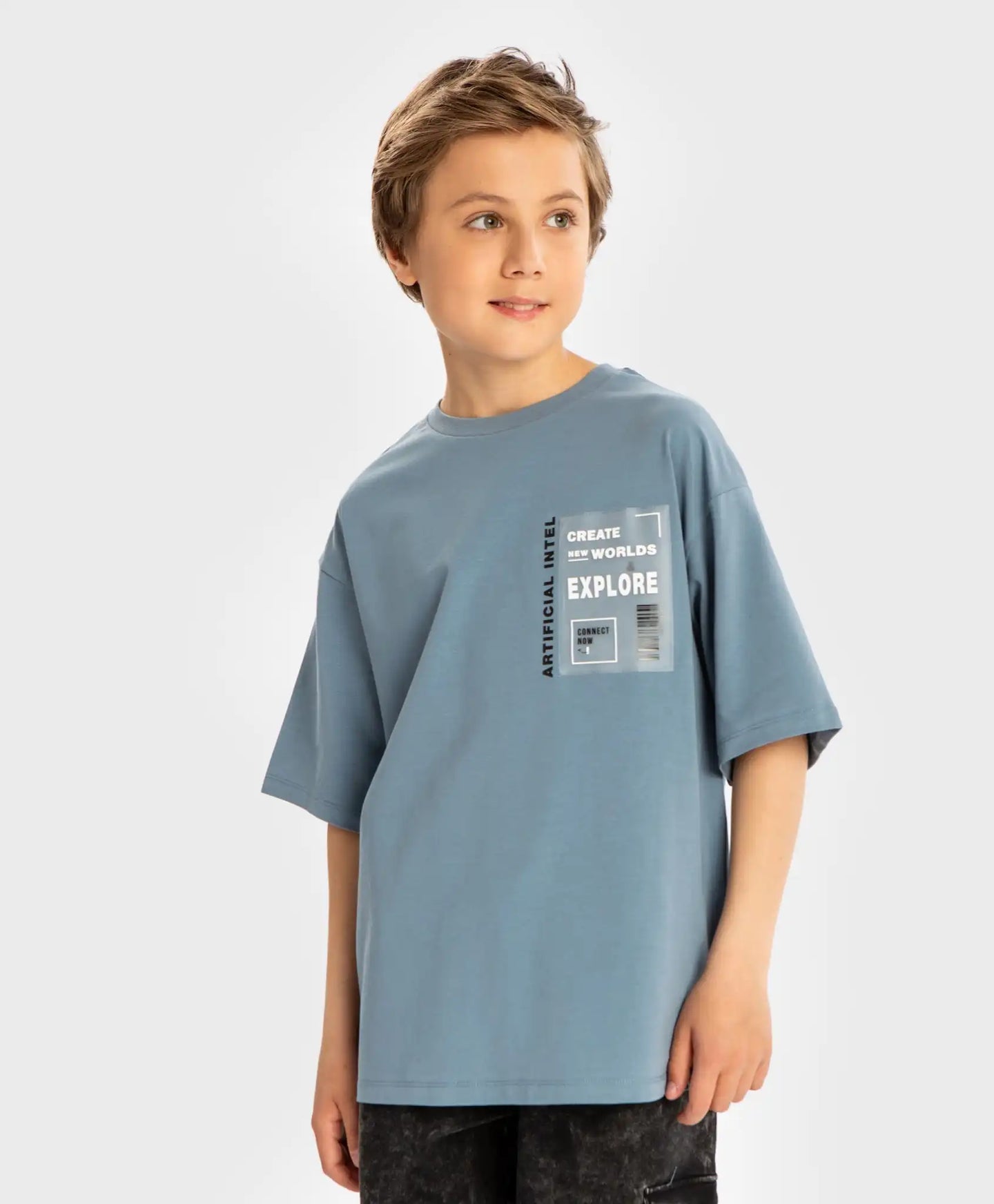 Тениска с къс ръкав и принт светлосиня за момче Button Blue