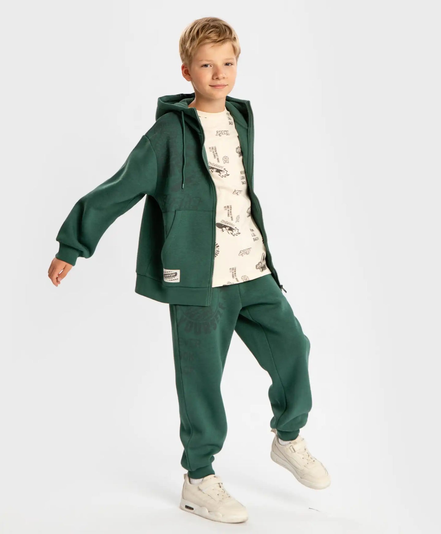 Худи подплатено с цип, качулка и принт зелено за момче Button Blue