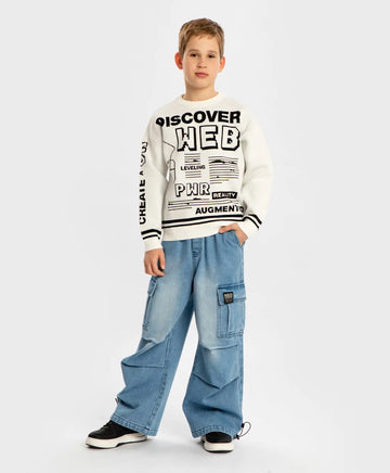 Дънки широки Antifit с четири джоба сини детски Button Blue