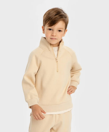Суитшърт подплатен с яка и цип бежов за момче Button Blue