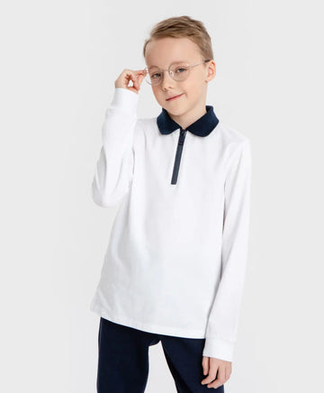 Поло тениска с яка и цип бяла Button Blue