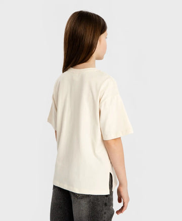 Тениска с къс ръкав и принт кремава за момиче Button Blue