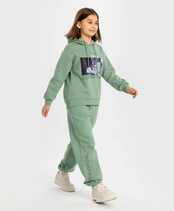 Джогъри подплатени с ластичен колан и принт зелени за момиче Button Blue