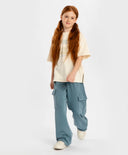 Панталони карго широки с ластичен колан и ефект на изтъркване сини детски Button Blue