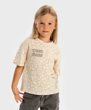 Тениска с къс ръкав и леопардов принт бежова за момиче Button Blue