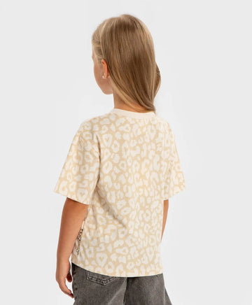 Тениска с къс ръкав и леопардов принт бежова за момиче Button Blue