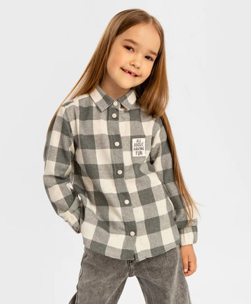 Риза с копчета, фланелена, на каре с откопчана яка сива за момиче Button Blue