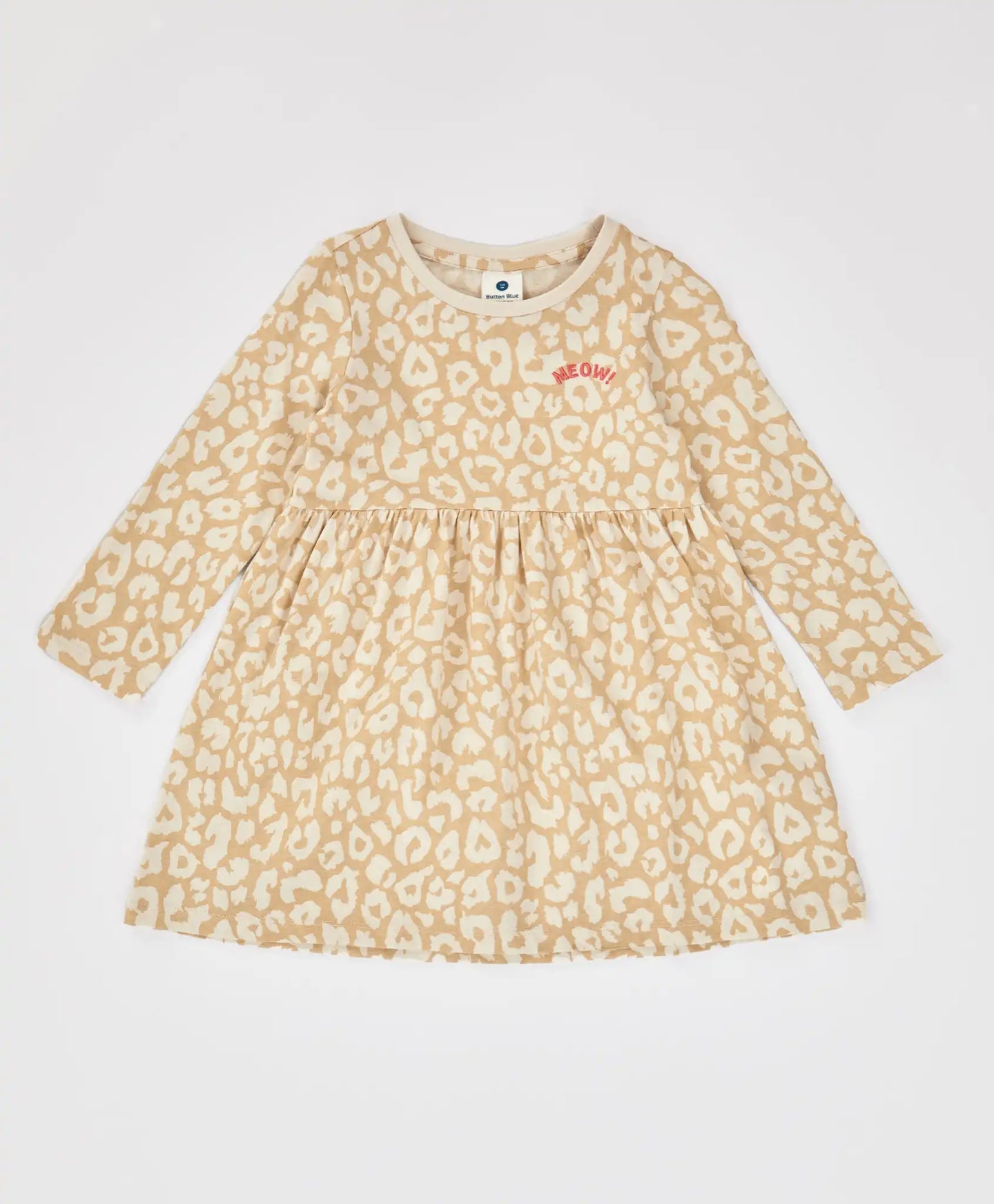Рокля с леопардов принт с дълъг ръкав бежова за момиче Button Blue