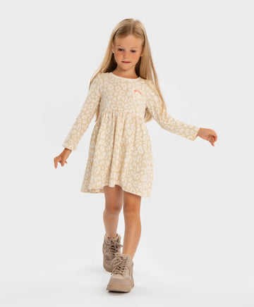 Рокля с леопардов принт с дълъг ръкав бежова за момиче Button Blue