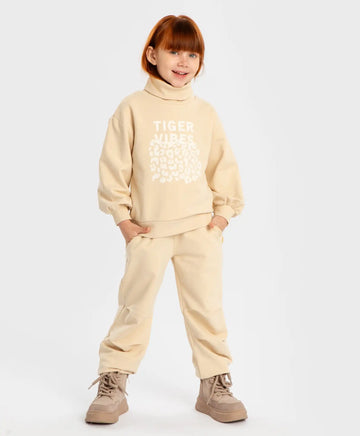 Джогъри с плисета на колената, ластичен колан и принт бежови за момиче Button Blue