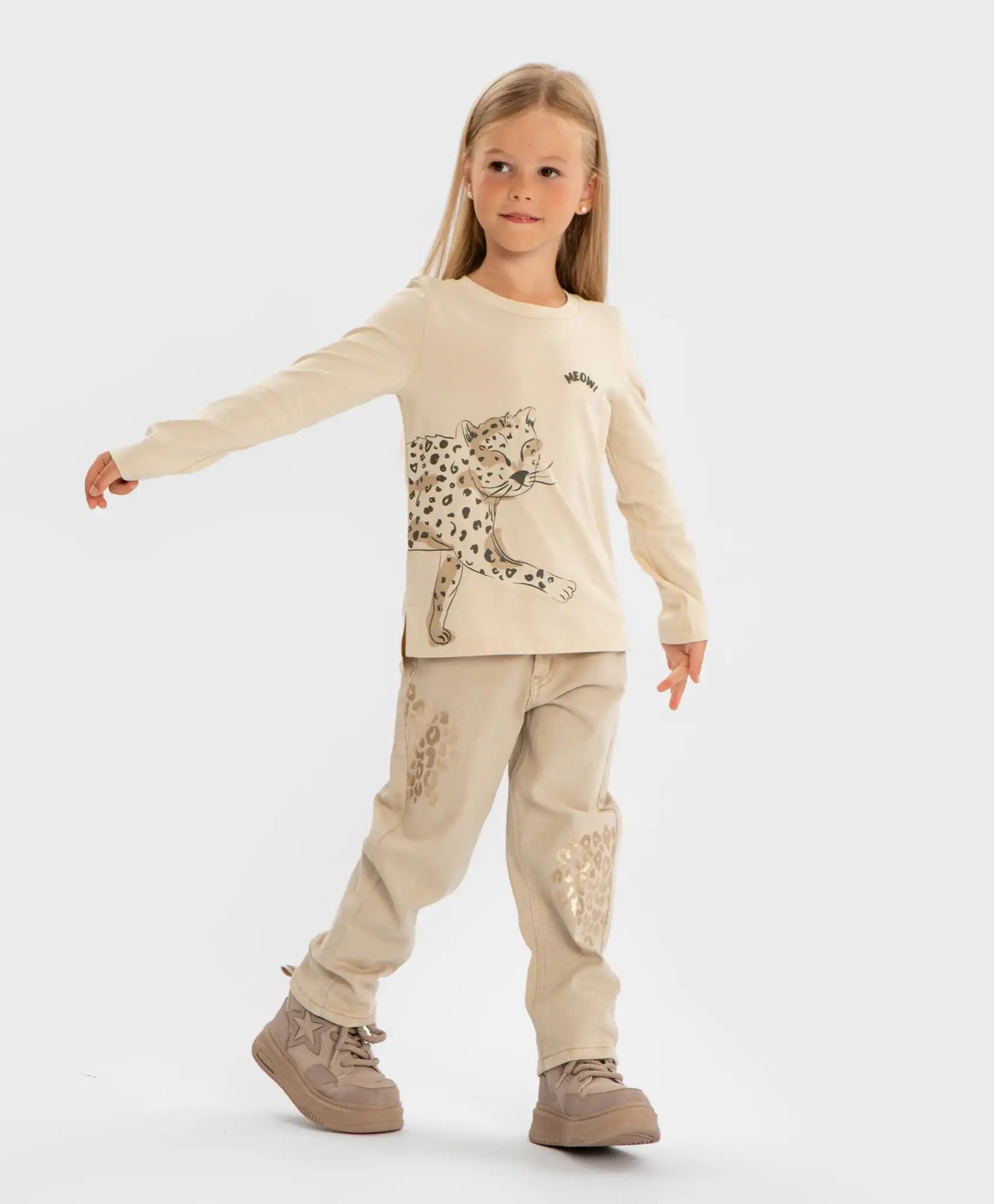 Дънки Mom fit с леопардов принт бежови за момиче Button Blue